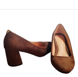 Taryn Rose Chocolate Suede Block Heel Pumps